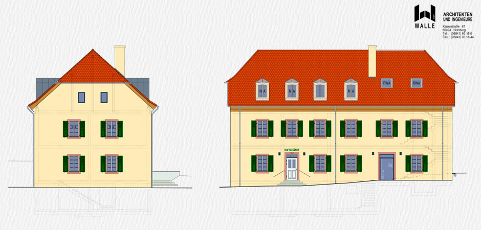 Wiederherstellung des historischen Gebäude Ensembles auf dem Wintringer Hof, Planungsansicht Süd+Ost